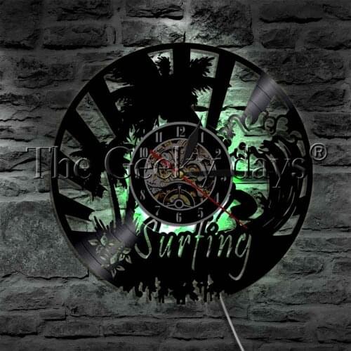Hawaii Surfing Beach View Vinyl Record Wall Clock Modern Wall Lamp Water Sport LED Night Light For Surfing Lover Gift