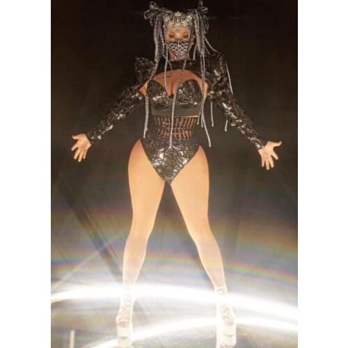 Novelty Black Sequins Bodysuit Sets Sexy Club Outfit Women Reflective Bra + Shorts + Tops Dance Costume Stage Performance Wear