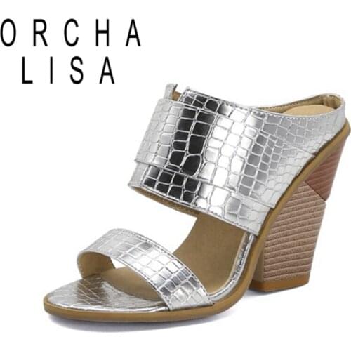 ORCHA LISA 2021 Slippers Alligator Texture Patchwork Open Toe Slingbacks 10cm Strange Chunky Heel US17 Silver White Yellow A4332