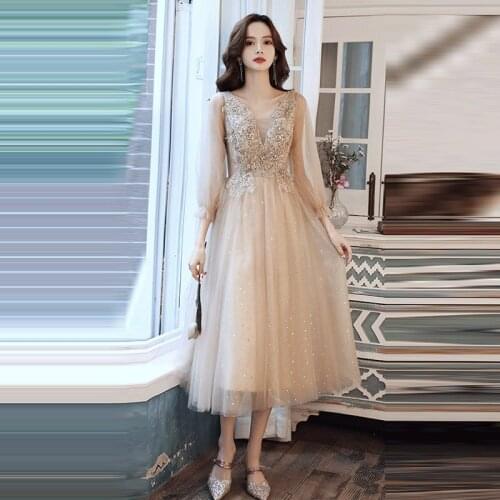 Special Occasion Dresses Illusion V-Neck Full Sequined Beading Embroidery Tulle Lace A-Line Luxury Champagne Lady Prom Gown E888