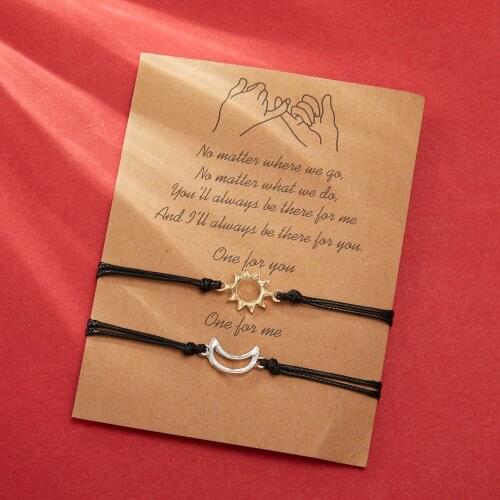 Handmade Braided Black Rope Bracelet Silver Color Bohemian Sun&Moon Charm Bracelets For Women Men Promise Card Bracelet