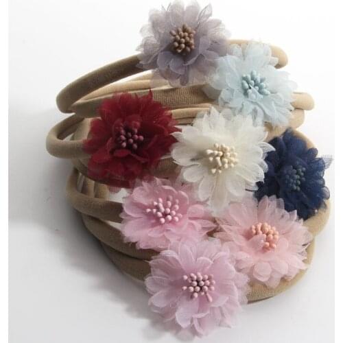 50PCS 4" 10CM Dia Elastic Nylon Headband With Satin Flower Chiffon Rose Kids Lovely Headbands Hair Accessories For Girls Women