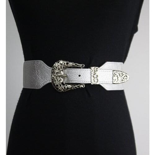 Fashion belt for women with wide retro pattern elastic belt needle buckle elastic waist belt for women with carved waist seal
