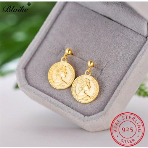 Boho 925 Sterling Silver Earrings Round Coin Queen Wedding Stud Earrings For Women Luxury Engagement Yellow Gold Earring Female