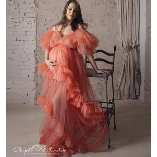 Chic Illusion Ruffles Tulle Maternity Photo Sexy Kimono Pregnant Party Sleepwear Women Bathrobe Sheer Nightgown Robe