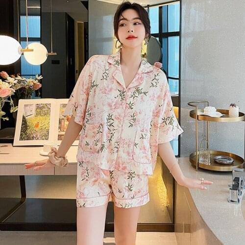 Summer New Women Pajamas Set Print Flower Sleepwear Faux Silk Two Piece Set Loungewear Short Sleeve Shirt&Shorts Lingerie