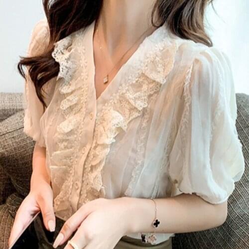 Summer Short Sleeve Blouse Women Ruffles V-Neck Chiffon Blouse Shirt Tops Women Blusas Mujer De Moda 2021 Blouses Shirts Top F53