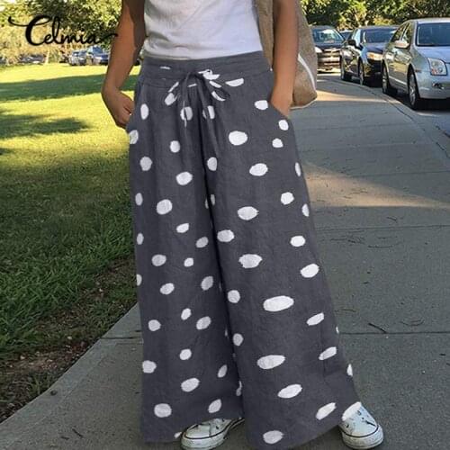 Autumn Polka Dot Printed Womens Wide Leg Pants Celmia Fashion High Elastic Waist Long Trousers Plus Size Loose Vintage Pantalon