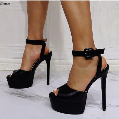 Olomm Handmade Women Platform Summer Sandals Strappy Buckle Stiletto Heel Peep Toe Elegant Black Night Club Shoes Size 5-20