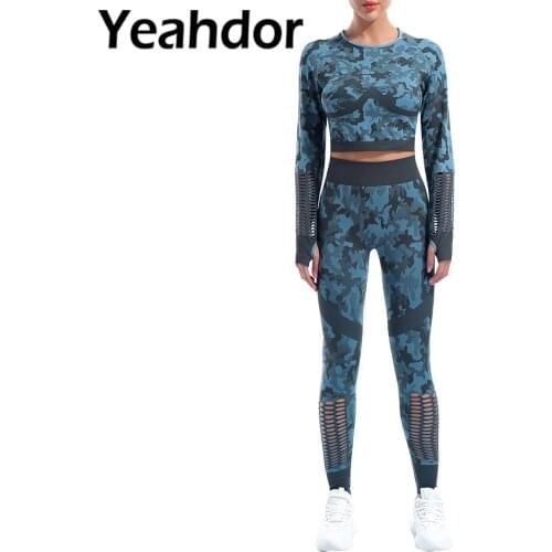 2PCS Women Yoga Workout Gym Sportwear Hollow Out Camouflage Print Tracksuit Round Neck Long Sleeve Crop Top with Leggings Set