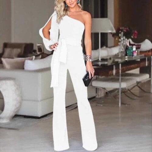 2021 Spring Design One Shoulder Asymmetric High Waist Straight Trousers Office Women Large Size Casual Fashion Elegant Jumpsuit