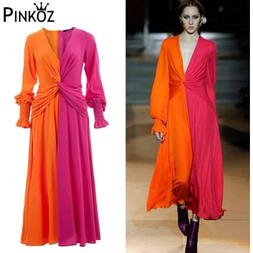 Pinkoz runway designer stylish patchwork block color asymmetrical maxi dress lady elegant v-neck flare sleeve spring summer robe