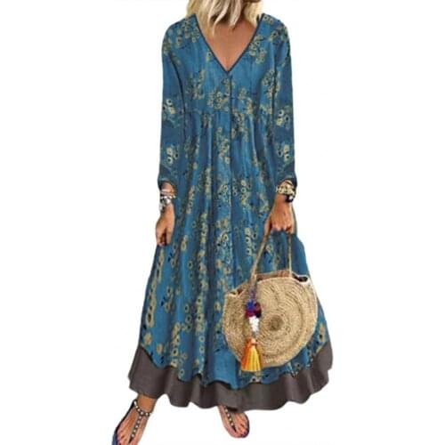 80% Dropshipping!!Women Dress Vintage Pattern Print V Neck Autumn Winter Fake Two Piece Ruffles Hem Dress for Vacation