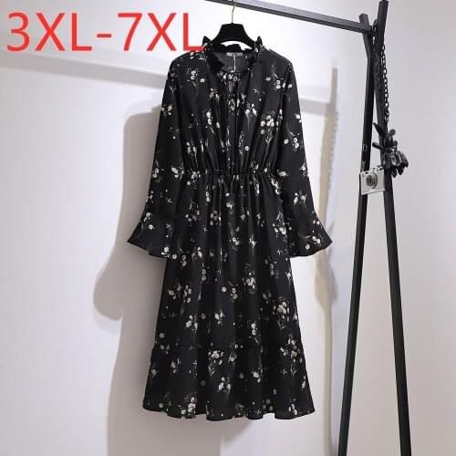 New autumn winter plus size midi dress for women large loose long sleeve floral print flower chiffon dress 3XL 4XL 5XL 6XL 7XL