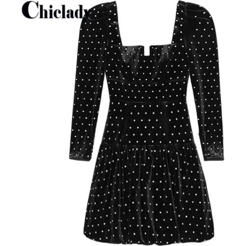CHICLADY celebrity style velvet black polka dot elegant lady mini dress A-line spring autumn long sleeve Christmas dresses party