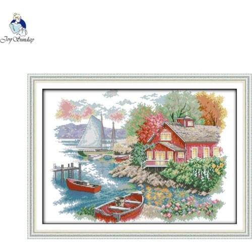 Flower cottage by the lake scenery pattern cross stitch kit Aida 14CT 11CT printed canvas needlework set home decoration gifts
