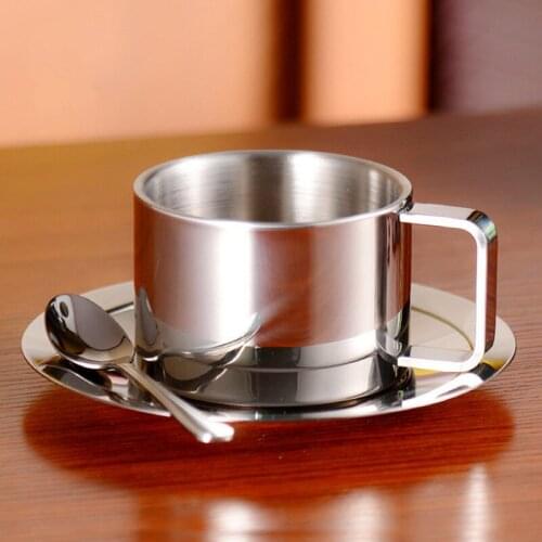 Double-layer Coffee Cup With Heat Insulation And Anti-scalding Three-piece Stainless Steel Cup With Saucer And Spoon