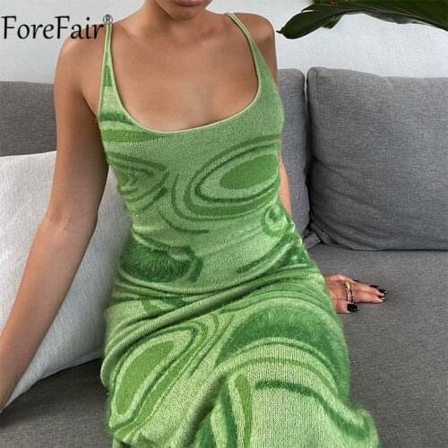 Forefair 2021 Summer Beach Green Sexy Dress Women Sleeveless Spaghetti Strap Midi Knit Hollow Out Y2k Casual Party Dresses