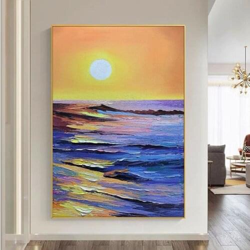 Gold Sunrise Seascape Oil Painting Modern Hand Painted Wall Art Poster Handmade Canvas Art Oil Painting For Home Wall Decoration