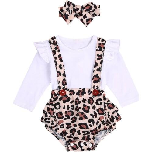 0-24M Infant Baby Girl Fall Outfits Cute Suspender Button Leopard Ruffle Romper + Headband 2Pcs Clothes Set
