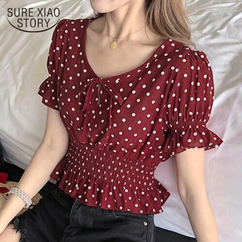 2020 New Korean Vintage O-neck Polka Dot Short Sleeve Chiffon Blouse Women Elegant Slim Waist Ruffles Female Blouse Blusas 10031
