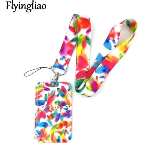 Feather Leave Rainbow Color Creative Lanyard Card Holder Student Hanging Neck Phone Lanyard Badge Subway Card Holder Accessories