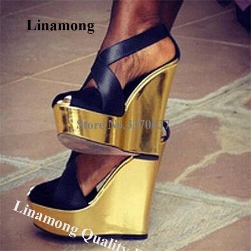 Linamong Charming Peep Toe High Platform Wedge Sandals Black Leather Gold Bottom Wedges Height Increased Heels Big Size Wedges
