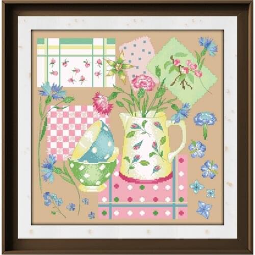 Small kitchen with flowers cross stitch kit pattern design 18ct 14ct 11ct linen flaxen canvas embroidery DIY needlework