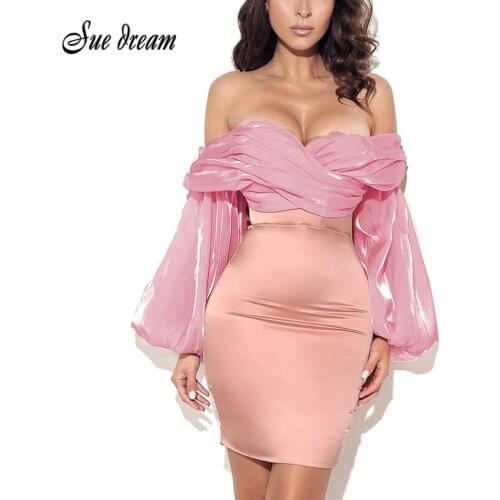 2021 New Sexy Off Shoulder Patchwork Long Sleeve Pink Bodycon Mini Dress Fashion Celebrity Club Party Dress vestido
