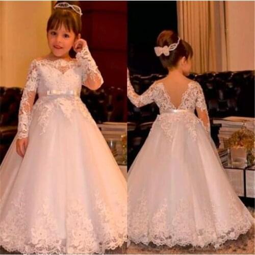 Long Sleeve Gown Princess Flower Girls Dresses Appliques with Beaded Stunning Girls First Communion Dress White Ivory