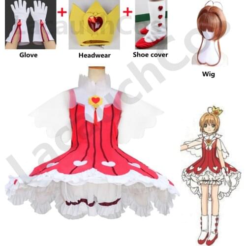 Anime Sakura Clear Card Card Captor Sakura OP2 Heart Of Rose Gamble Suit Cosplay Costume Summer dress Sakura Wigs Shoe Cover