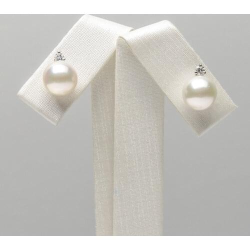 Free Shipping AAA 8.5-9mm White Genuine South Sea Pearl Diamond Stud Earrings 18k White Gold