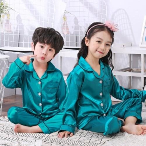 Spring Girls Pajamas Suit Pure Color Cardigan Children Clothing Set Silk Baby Pijamas Kids Pyjamas Sets Autum Sleepwear