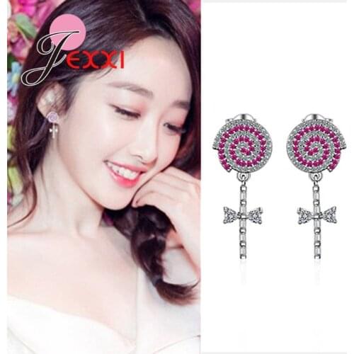 Fashion Cute Bowknot 925 Sterling Silver Jewelry Filled Round White/Red Cubic Zircons Dangle Earrings For Women Party