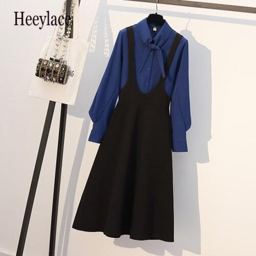 Plus size office ladies elegant two piece set korean bow collar long sleeve blouse and spaghetti straps dresses sets vintage set