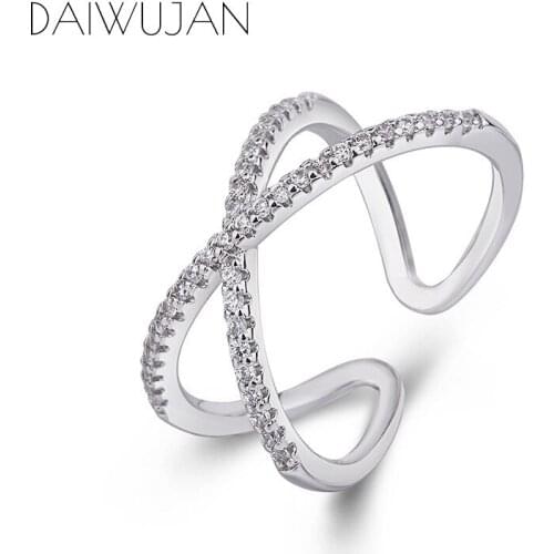 DAIWUJAN Korean Luxury Crystal Zircon Cross Open Ring for Women 925 Silver Double Line Index Finger Rings Jewelry Wholesale Gift