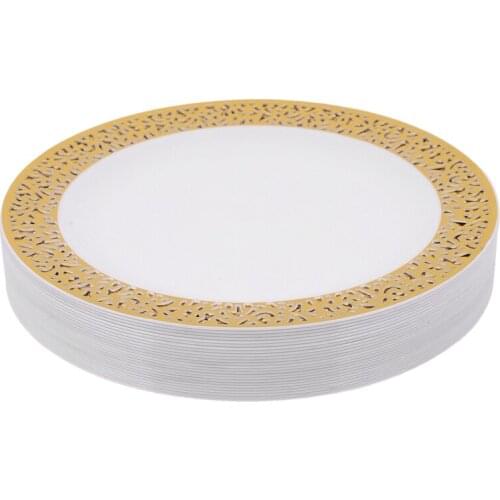 Gold Disposable Plastic Plates -Lace Design Wedding Party Plastic Plates,Gold Lace Plates Salad/Dessert Plates 25Pack