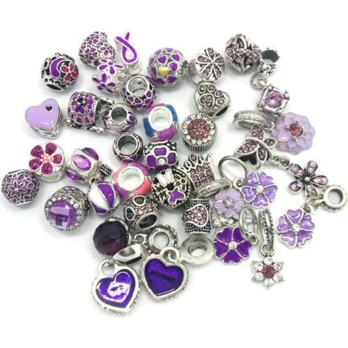 Free shipping new 40pcs mix style purple color rhinestone and oil-drip charms beads fit European bracelet DIY