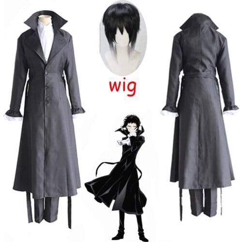 Bungo Stray Dogs Mafia Akutagawa Ryunosuke Cosplay Costume Anime Uniform Long Coat Trench Jacket Halloween Costume Wig