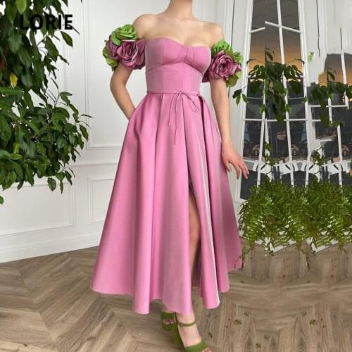 LORIE Short Prom Dresses Pink Sweetheart Cap Sleeves Handmade Flowes Arabic Evening Wedding Party Graduation Dress with Pockets