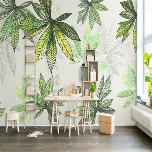 Large full house custom grass green watercolor leaves professional production mural wallpaper wholesale custom poster photo wall