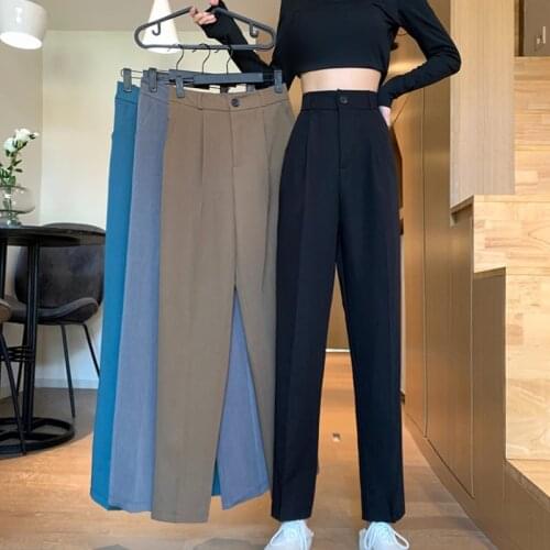 2021 New Korean Office Casual Suit Pants Womens High Waist Slim Straight Trousers Ladies Loose Drape Elegant Wide Leg Pants