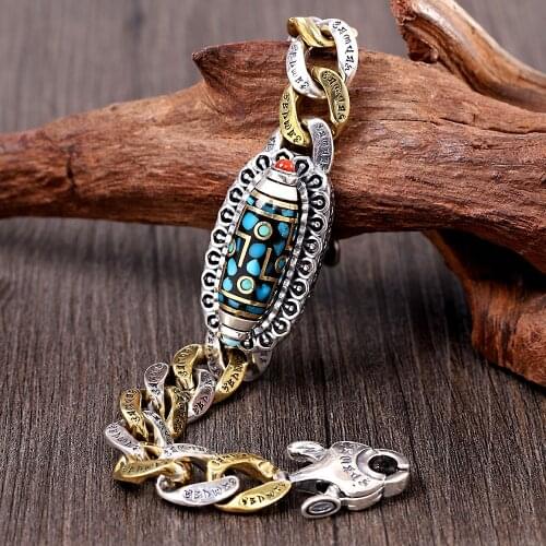 New solid s925 silver accessories six-character mantra inlaid with ore turquoise nine-eyed dzi, vintage 925 silver man bracelet