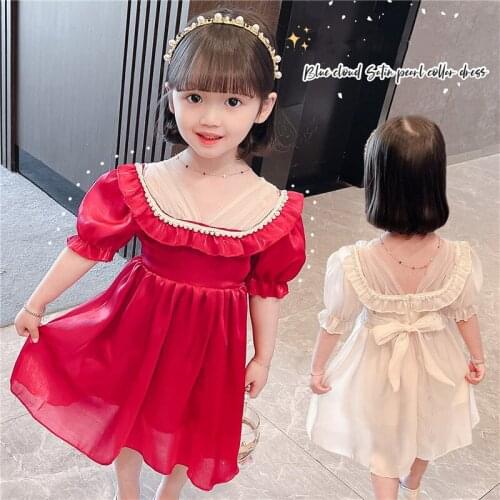 LISUNNY Girls Princess Dress Summer Children Birthday Party Dress Fashion Bow-knot Pearl Lace Evening Dress Kids Clothing