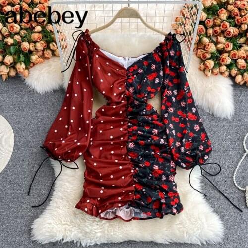 2021 New Summer Fashion V-neck Lantern Sleeve Dress drawstring bandage high waist pleated color matching print wrap Dress