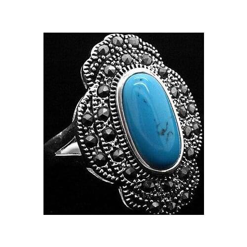 Selling Jewelry>>24*16mm Vintage Style Blue 925 Sterling Silver Marcasite Ring Size 7/8/9/10