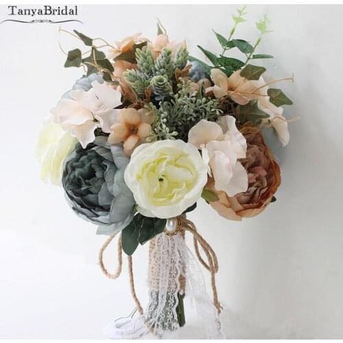 Romantic Country Style Wedding Bouquet Champagne Bridal Bouquet Artificial Silk Flowers For Wedding Decoration DJ001