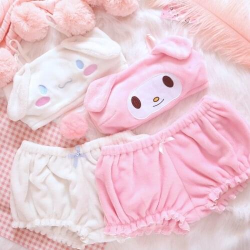Pink and White Kwaii Velvet Tube Top and Panties Set for Girls Adorable Underwear Anime Long Ear Doggy Bra and Bloomers