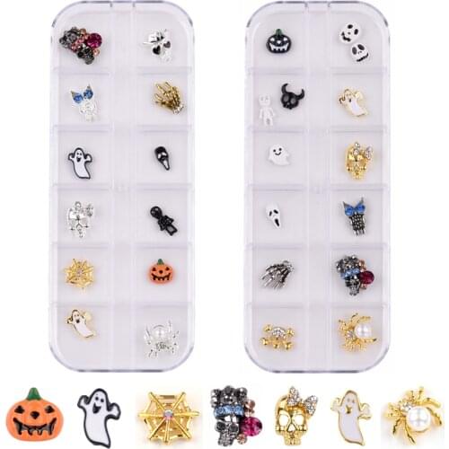 Halloween Nail Art 3d Gold Silver Charms Rhinestone Jewels Skull Cushaw Ghost owl Spider Design DIY Craft Accessories TJ01