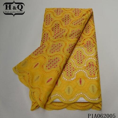 H&Q yellow swiss voile lace fabric in switzerland embroidery nigerian dry lace with stones 100% cotton african fabric 5 yards